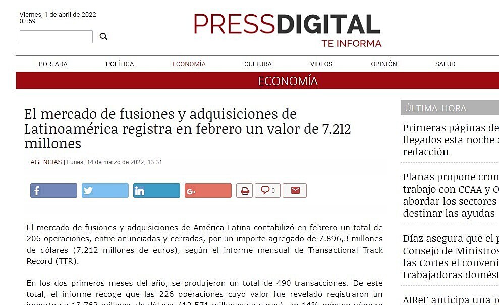 El mercado de fusiones y adquisiciones de Latinoamrica registra en febrero un valor de 7.212 millones